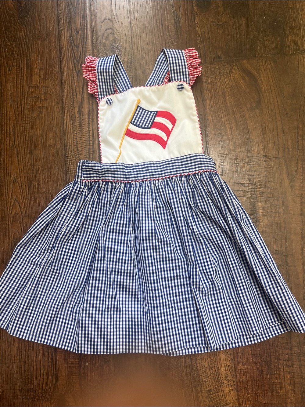 Petite Ami Blue Gingham Pinafore Sun Dress with Flag Appliqué and Bloomers